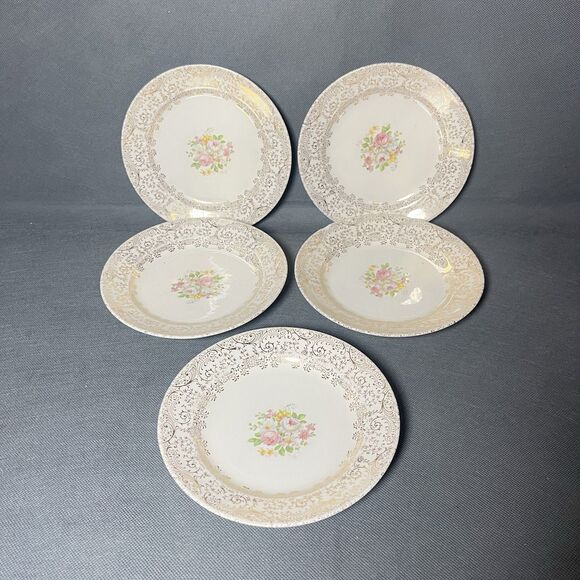 Bread Plates 6"Royal China, Rose Glory 22 Kt Gold Union Made-Set 5-Vintage 1950s - Picture 1 of 5